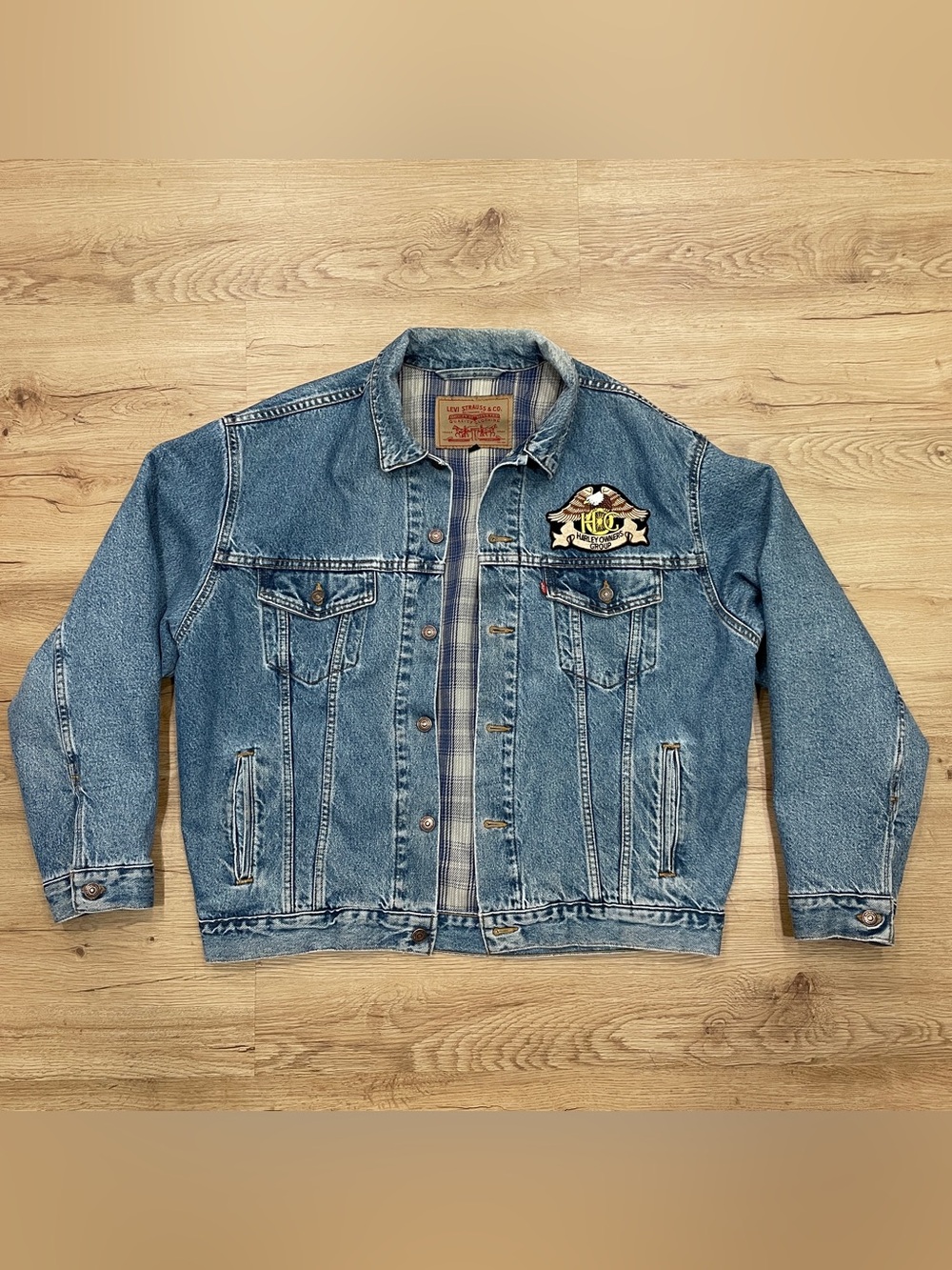 Vtg Levi's 90's Denim Trucker Jacket Sz L - Flannel Lined Harley Owners USA Made